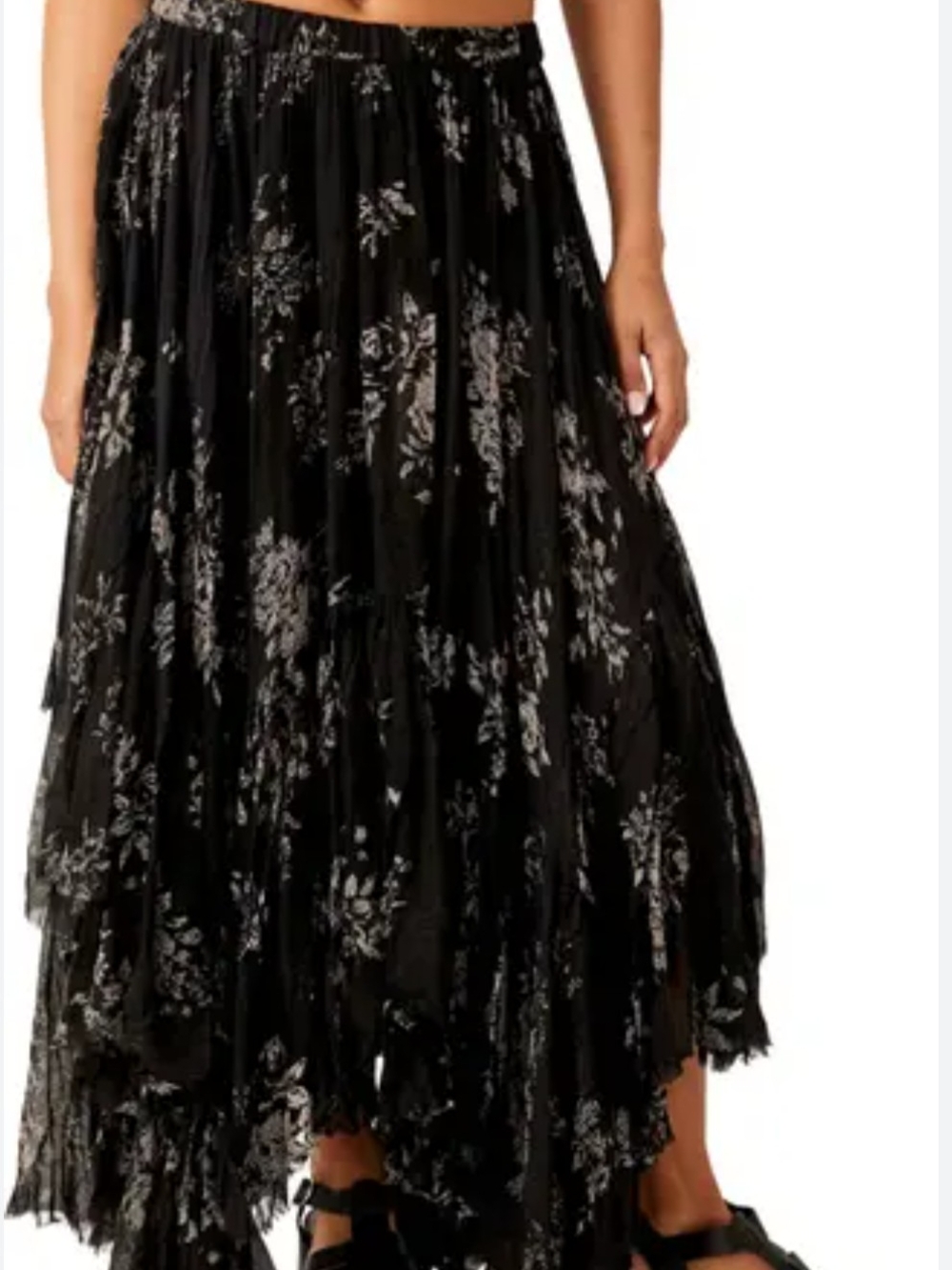 Free People Black Floral Asymmetrical Tiered Maxi Skirt
